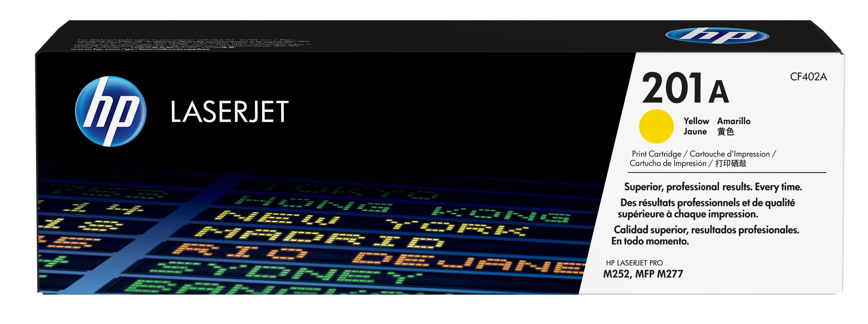 HP 201A gelbe Tonerkartusche. Schwarze Box mit weißem Text und Flughafen-Hintergrund.