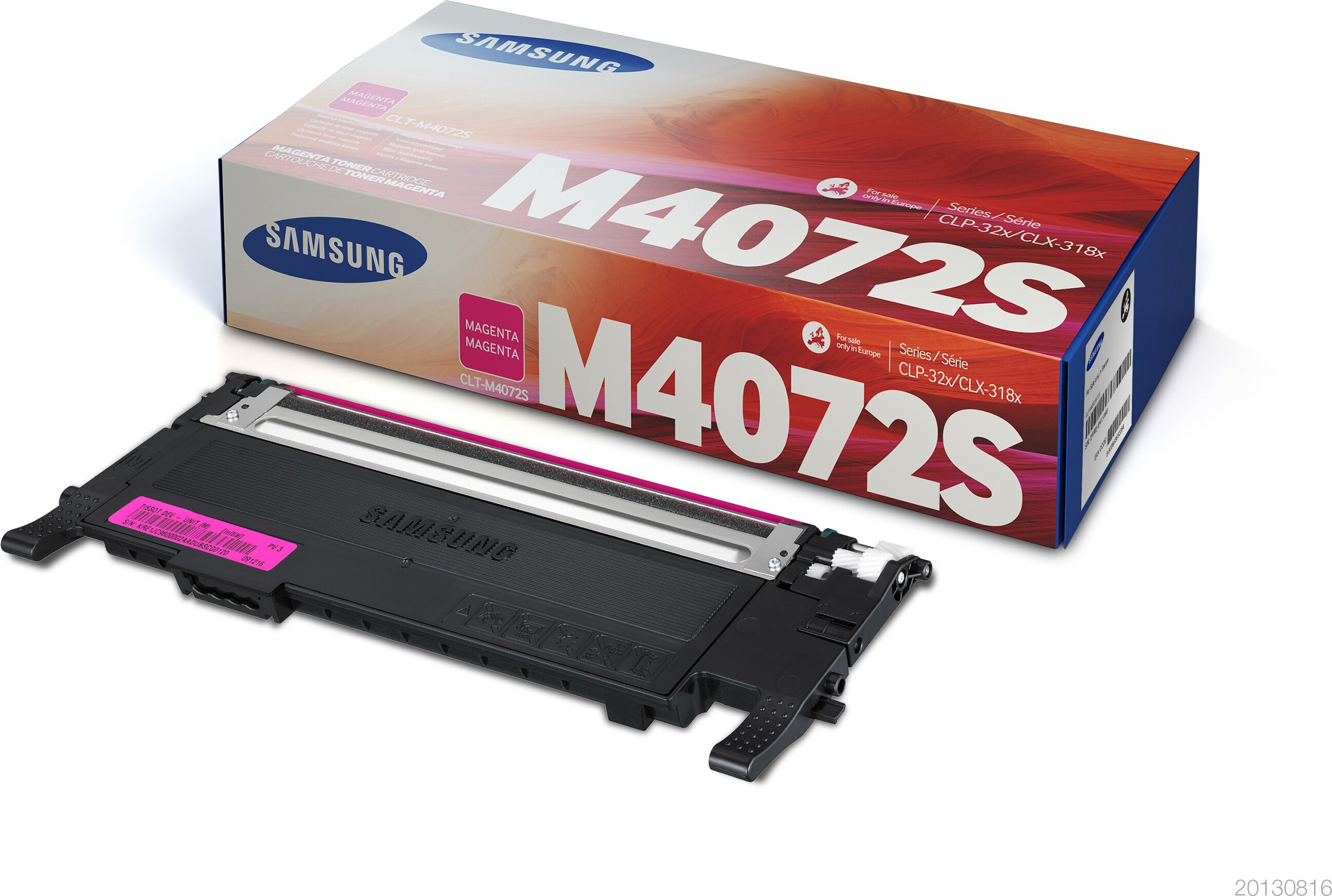 Samsung M4072S Tonerkartusche und -box. Magenta Tonerkartusche und rot getönte Box.