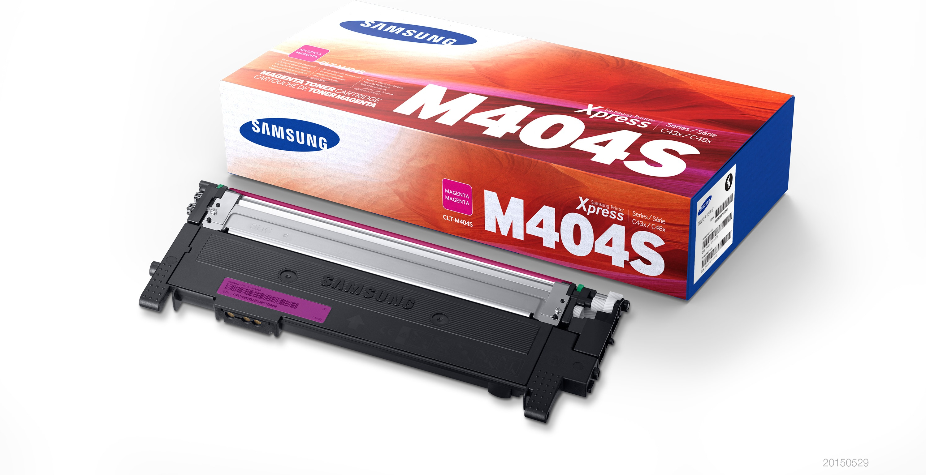 Samsung M404S Magenta-Tonerkartuschenbox mit einer Magenta-Tonerkartusche daneben.