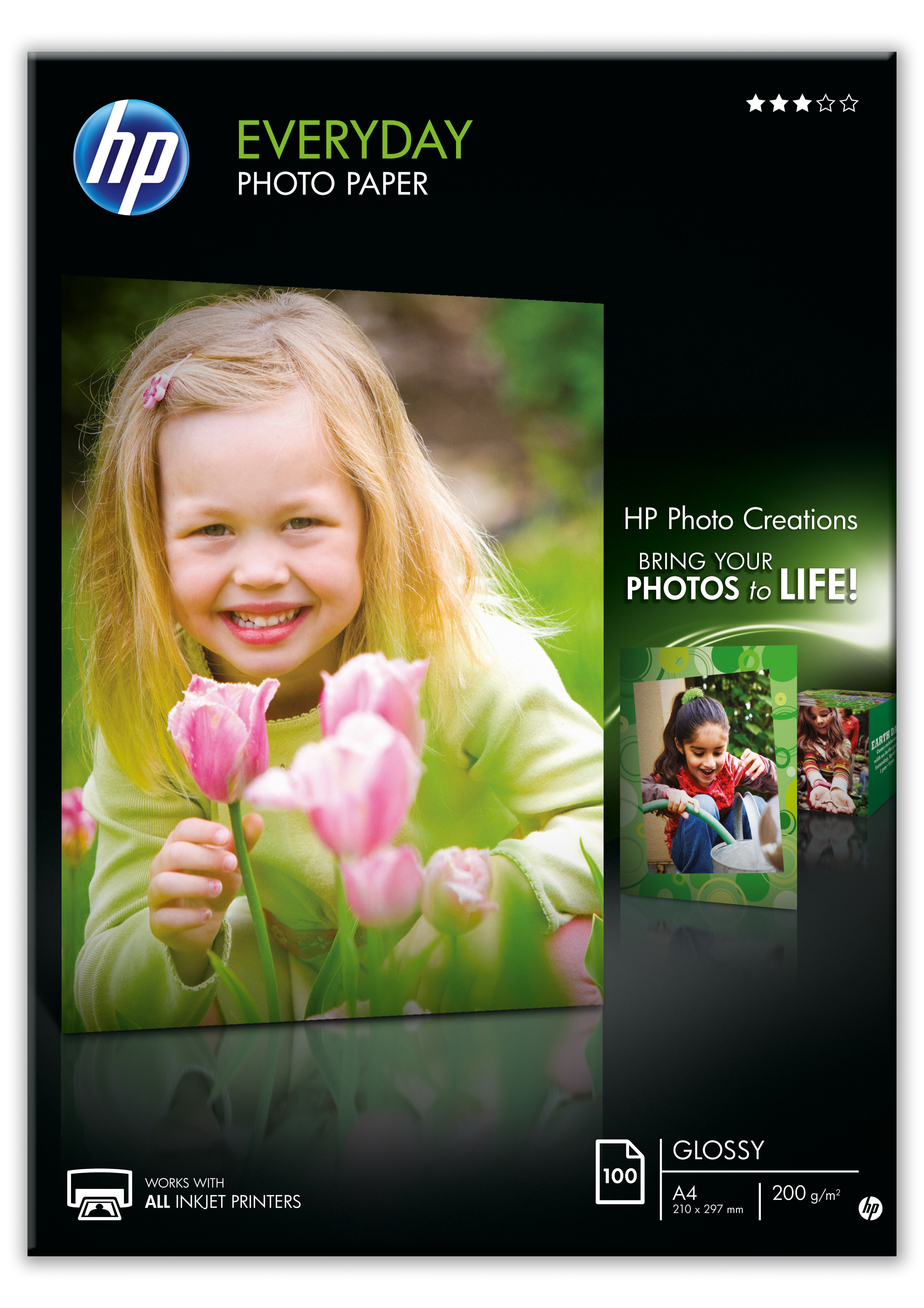 HP Everyday Fotopapierpackung mit einem Mädchen, das rosa Tulpen hält.