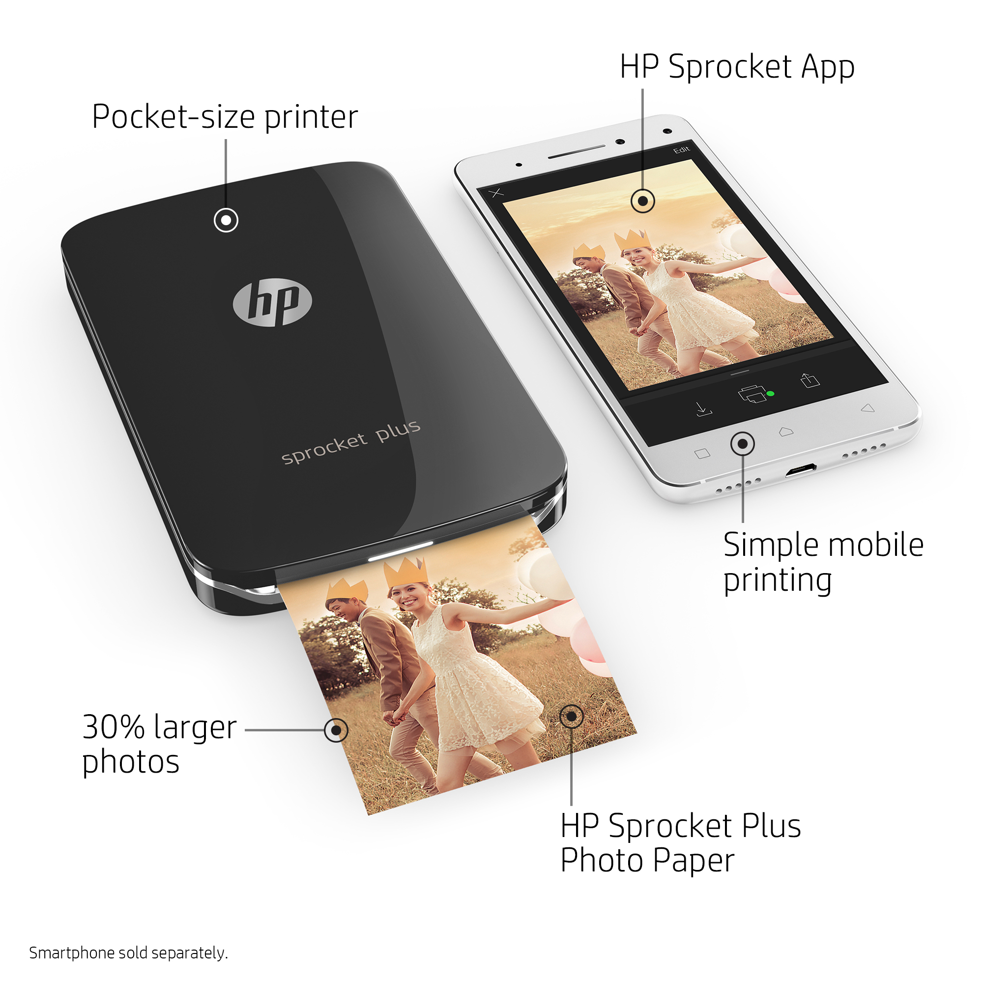 Impresora fotográfica - HP Sprocket Plus, Bluetooth, ZINK, Impresión sin tinta, Compacta, Negro