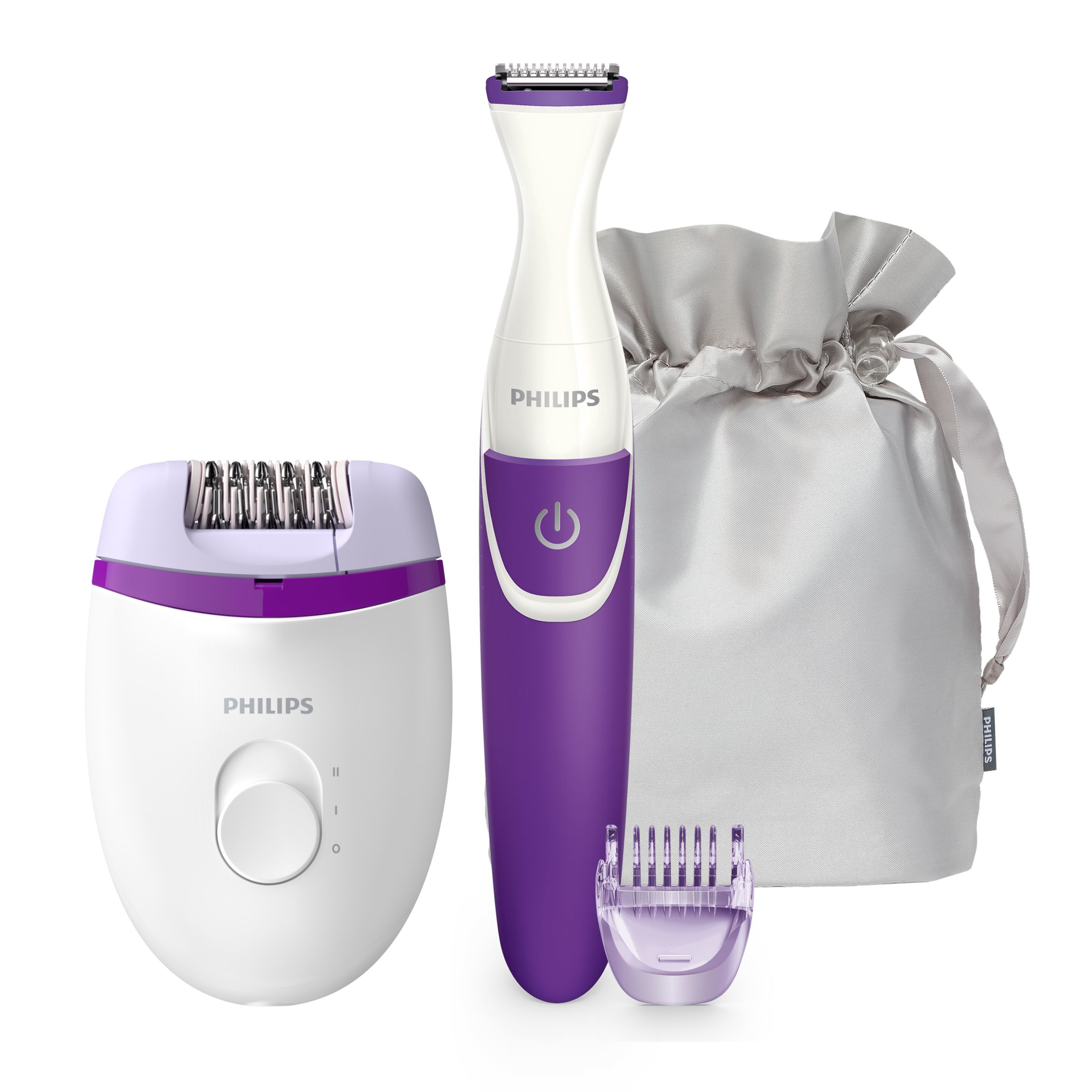 Depiladora - BRP505/00 Philips Satinelle Essential + Perfilador Zona Bikini, 2 Velocidades, Con cable, Blanco y Violeta