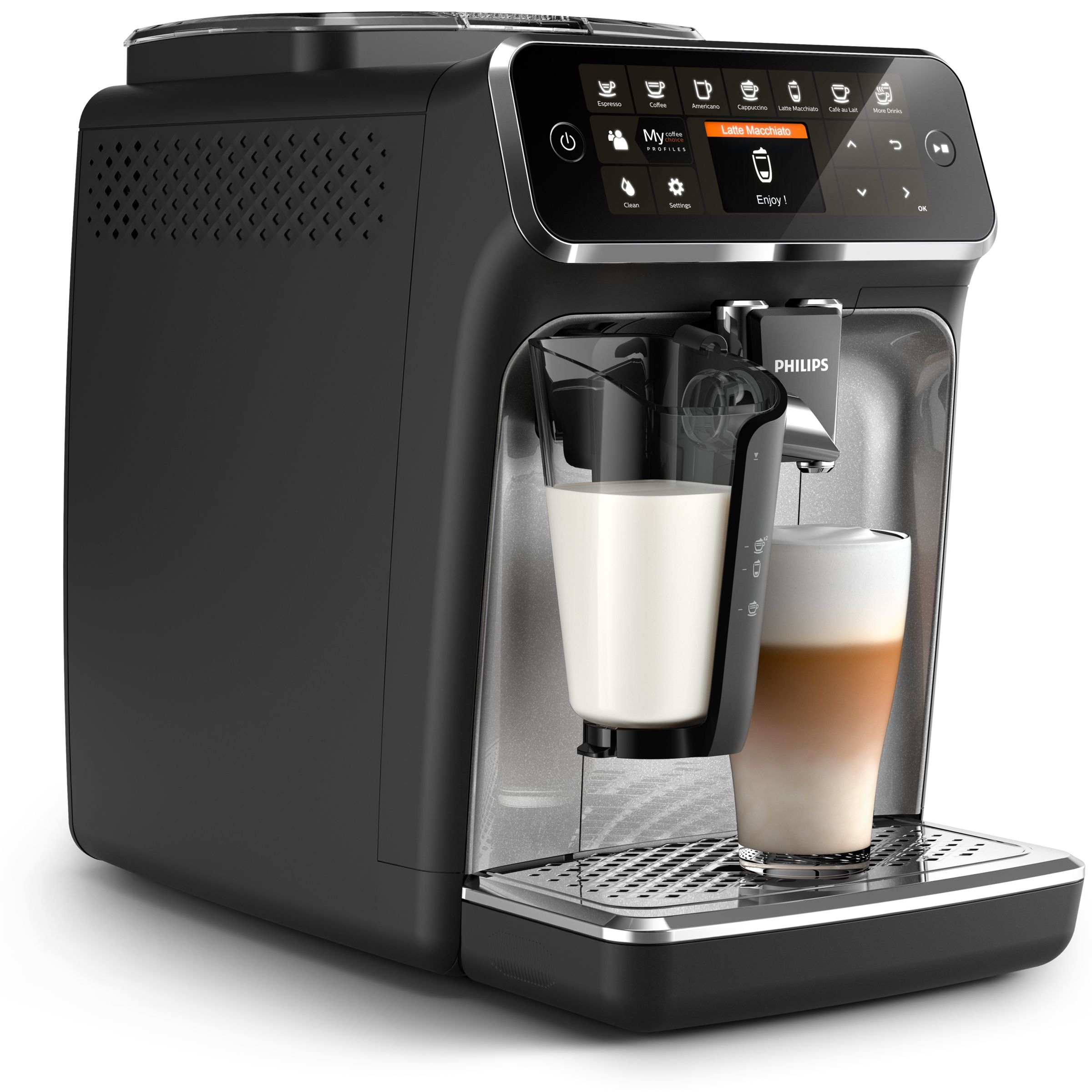 Bir Philips espresso makinesi. Siyah bir gövdesi, iki cam bardağı ve bir süt kabı var.
