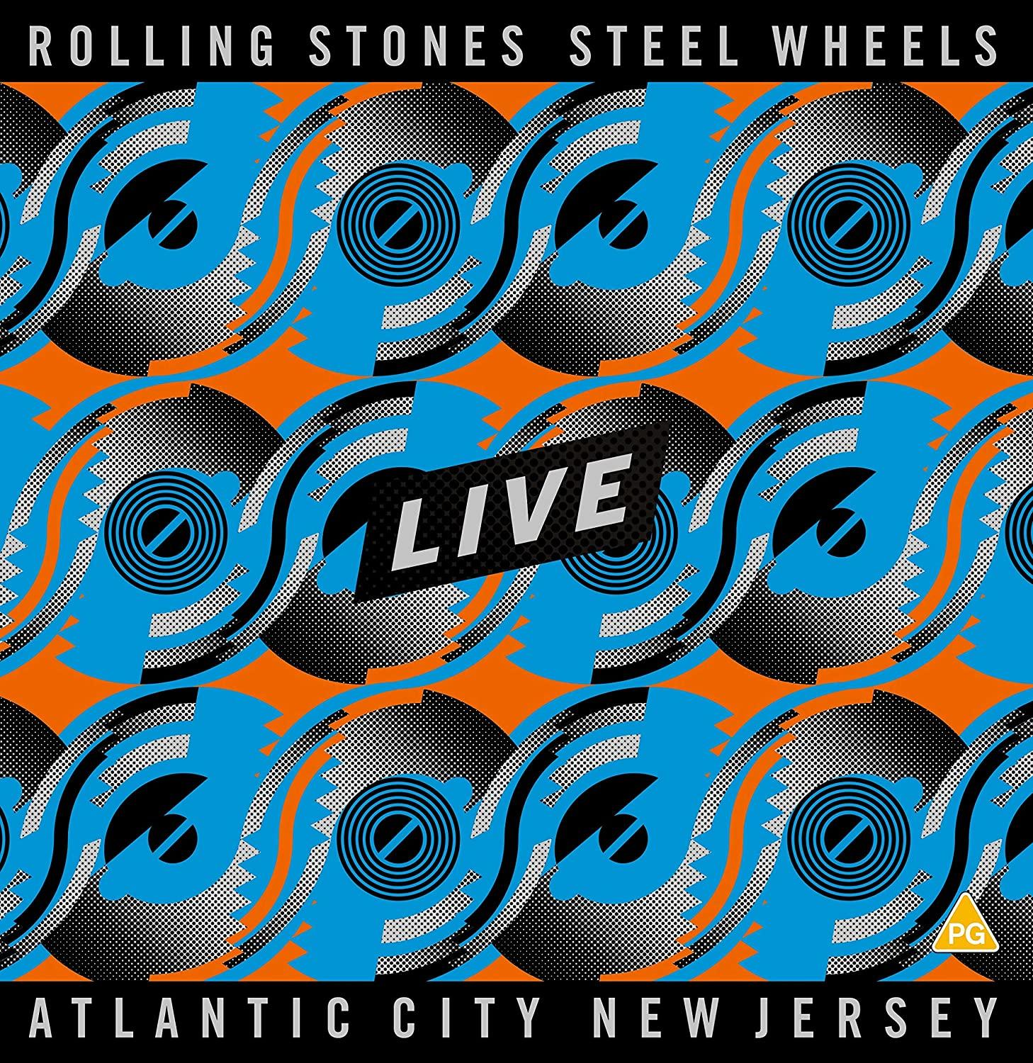 Album cover of 'Rolling Stones Steel Wheels Live'. Blue and white pattern on an orange background.