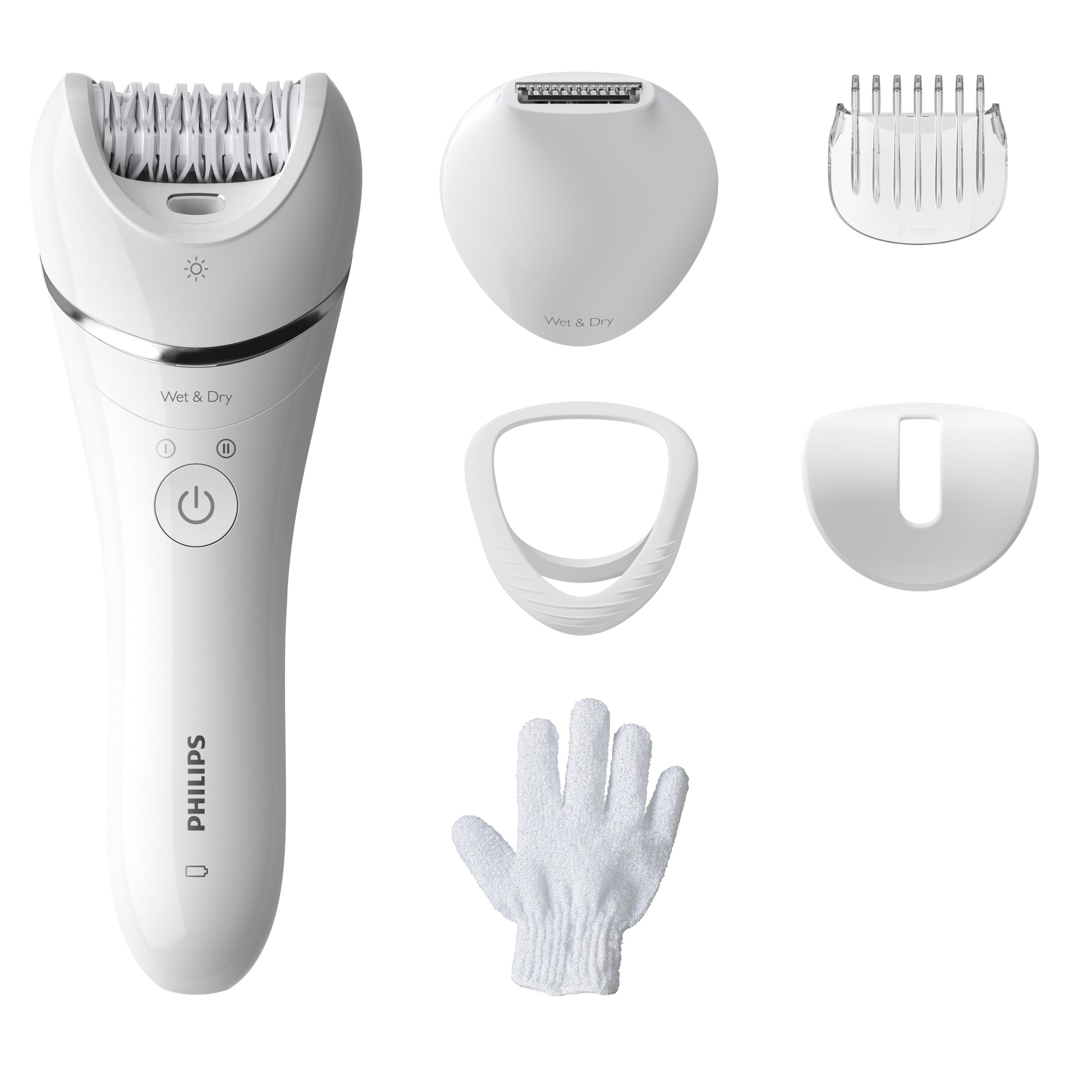 An image shows an epilator and its accessories. All the items are white. The word Philips is visible.