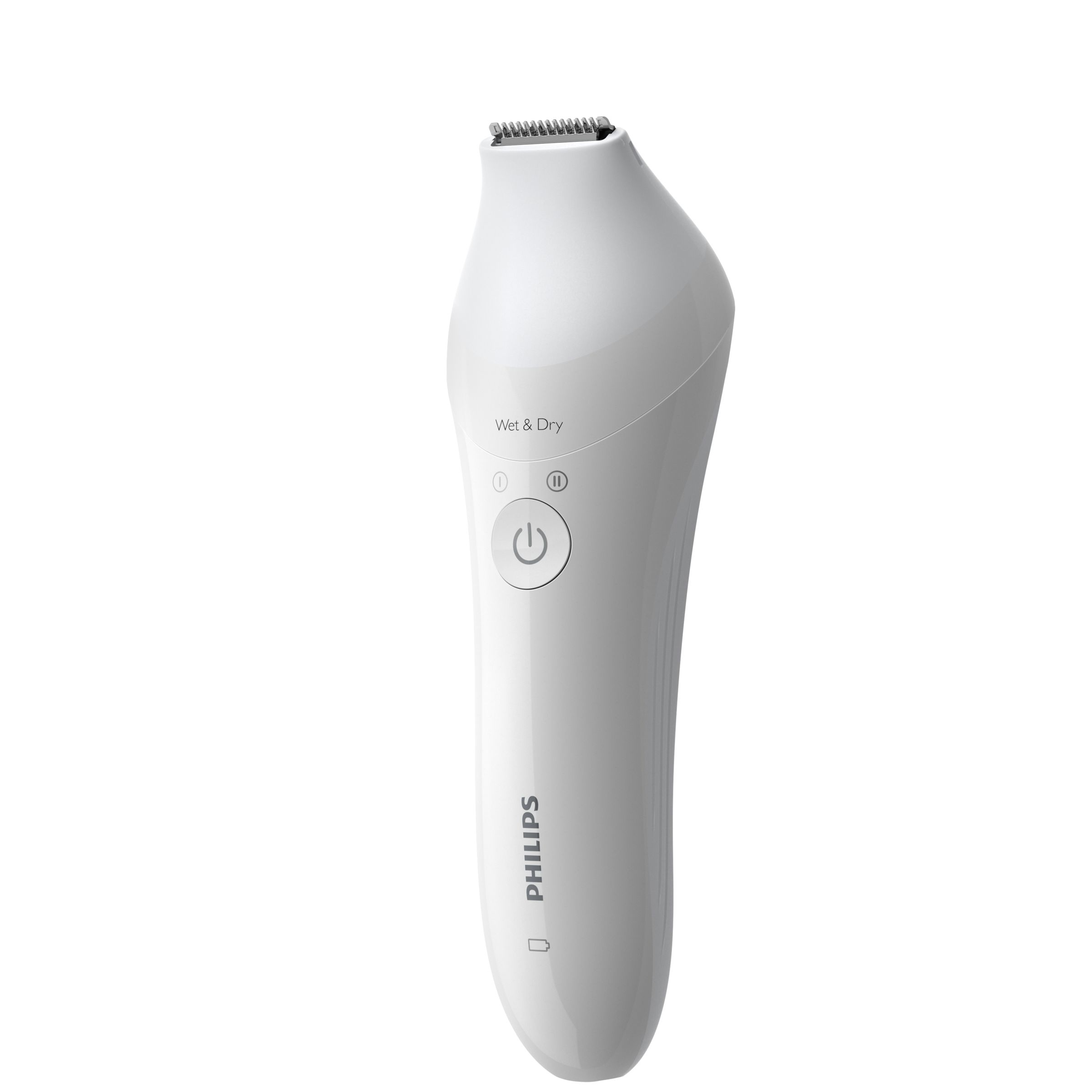 A white Philips Wet & Dry shaver. It has two buttons and a blade at the top.