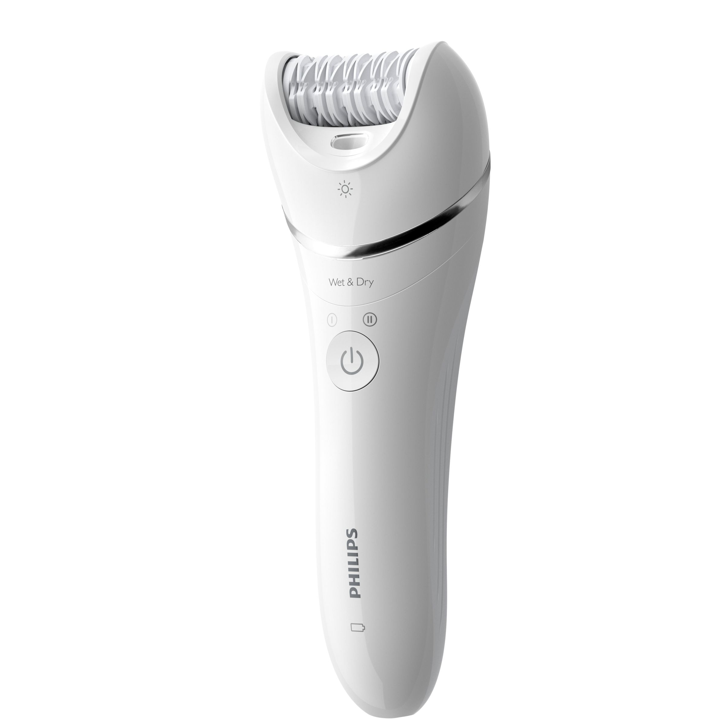 White Philips epilator. It has a head with silver details and buttons. The background is white.