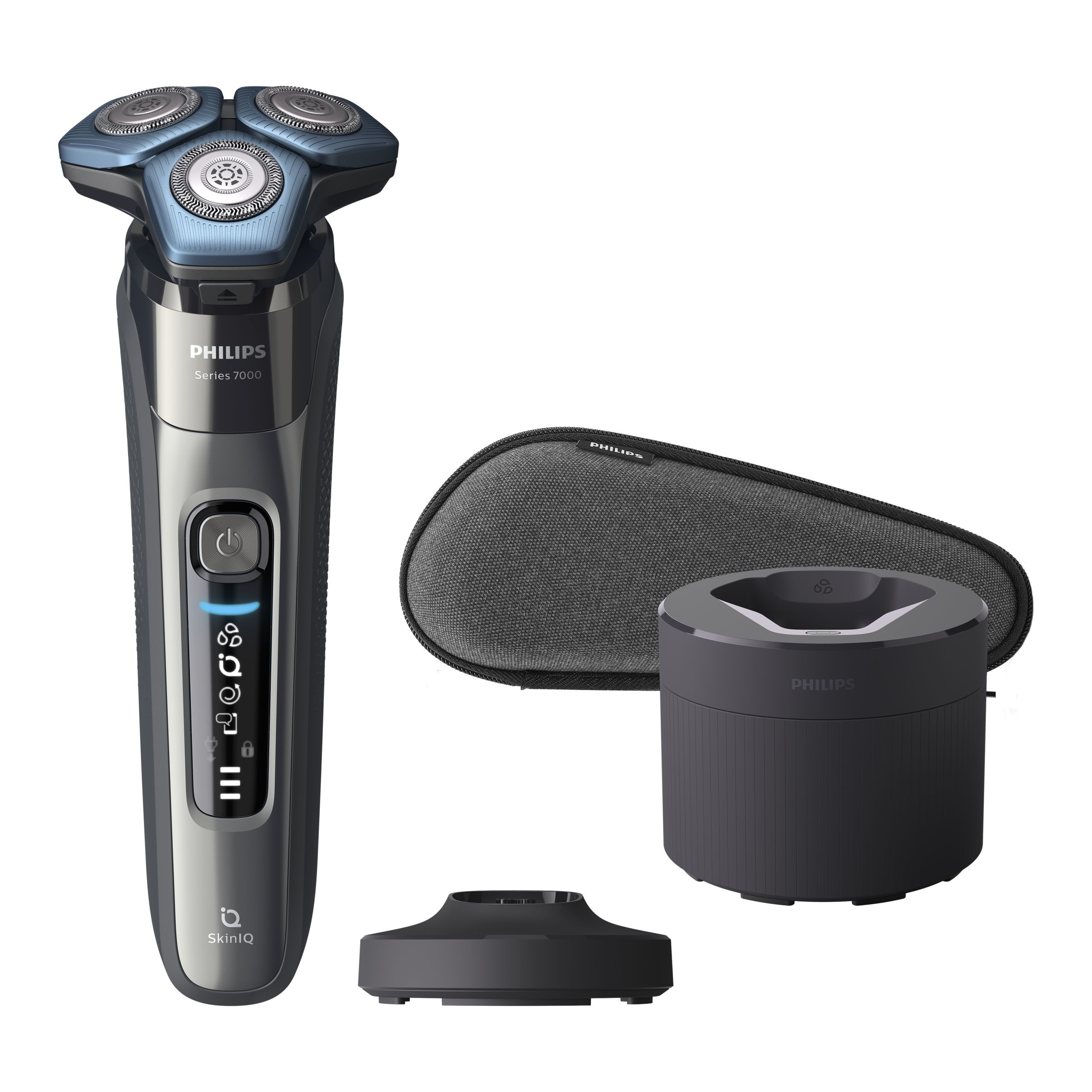 Rasoir électrique Philips Série 7000 et accessoires sur fond blanc.