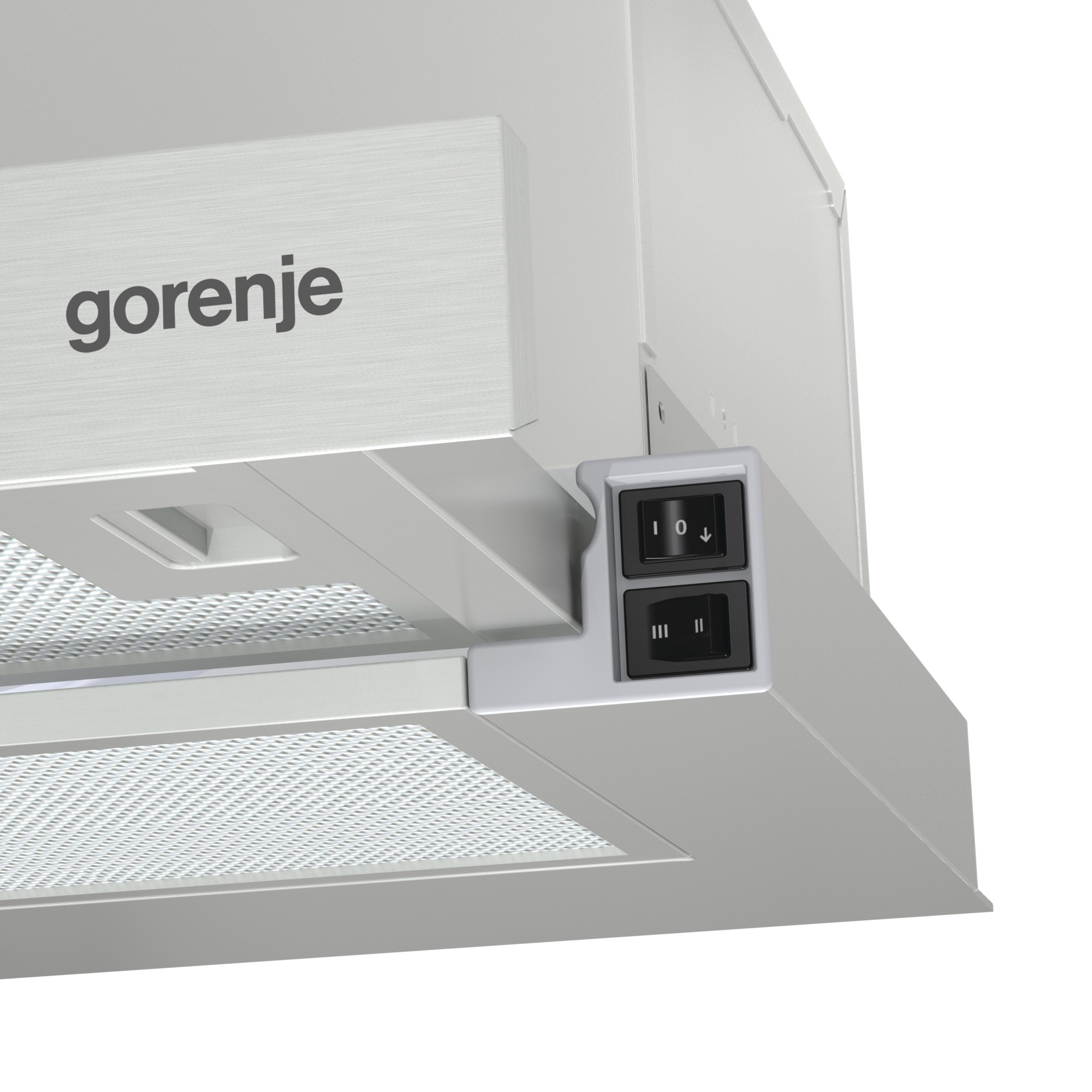 Nahaufnahme einer Dunstabzugshaube von Gorenje aus Edelstahl mit Knöpfen.