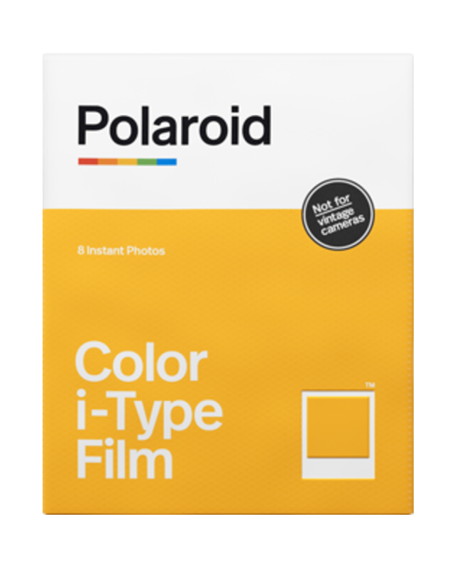 Polaroid Color i-Type Film-Box. Weiß und gelb. Text 'Polaroid', 'Color i-Type Film' und '8 Instant Photos'.