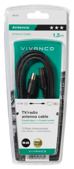 Eine Vivanco Antennenkabelverpackung mit Text und einem Kabel darin. Die Verpackung ist hauptsächlich türkis und weiß.