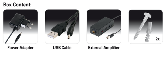 Bild von Netzteil, USB-Kabel, externem Verstärker und Schraubenpack.