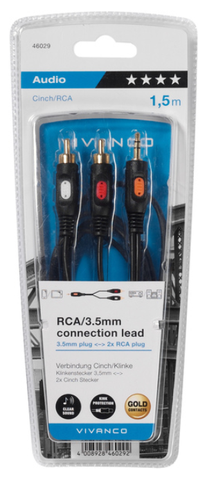 Ein verpacktes Audiokabel mit drei Anschlüssen, die Verpackung enthält den Markennamen Vivanco.