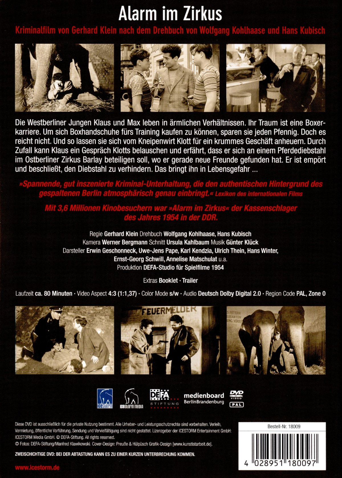 Ein Filmplakat mit Text auf Deutsch, mit Bildern von Menschen und Zirkustieren.