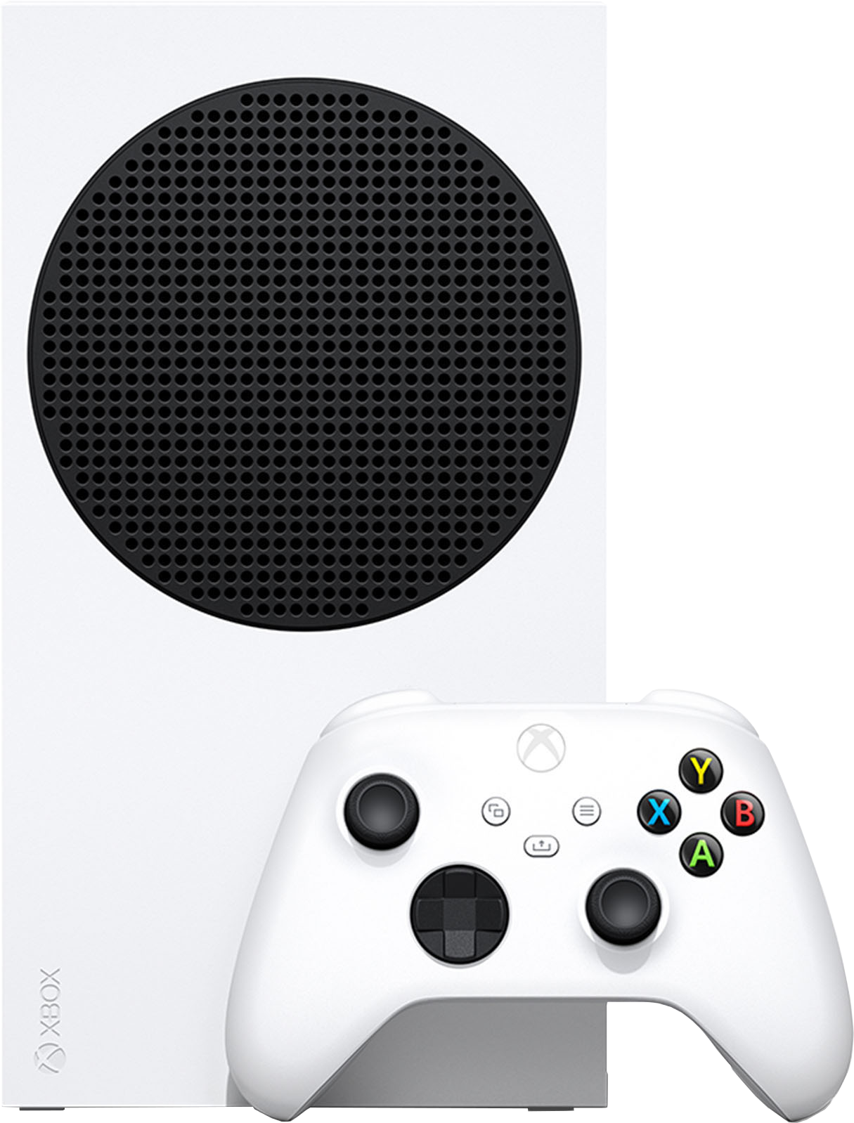 Console Xbox Series S et manette blanche. Console blanche avec évent noir.