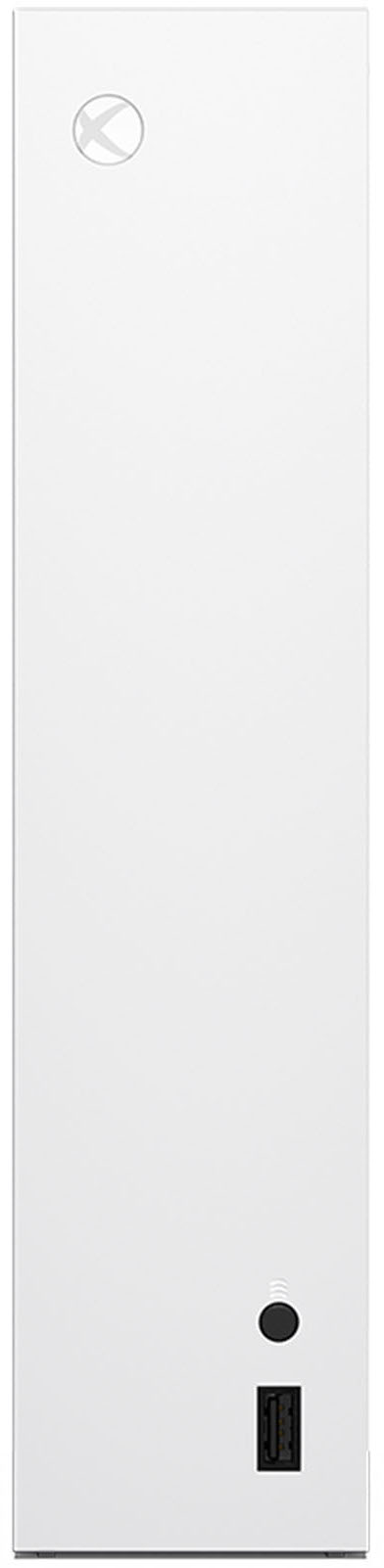 Une console Xbox Series S blanche. Un port noir et un logo Xbox sont visibles.