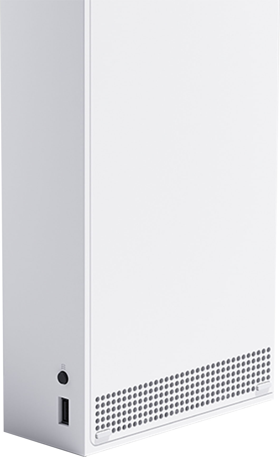 Une console Xbox Series S blanche. Elle est tournée pour montrer le profil latéral.