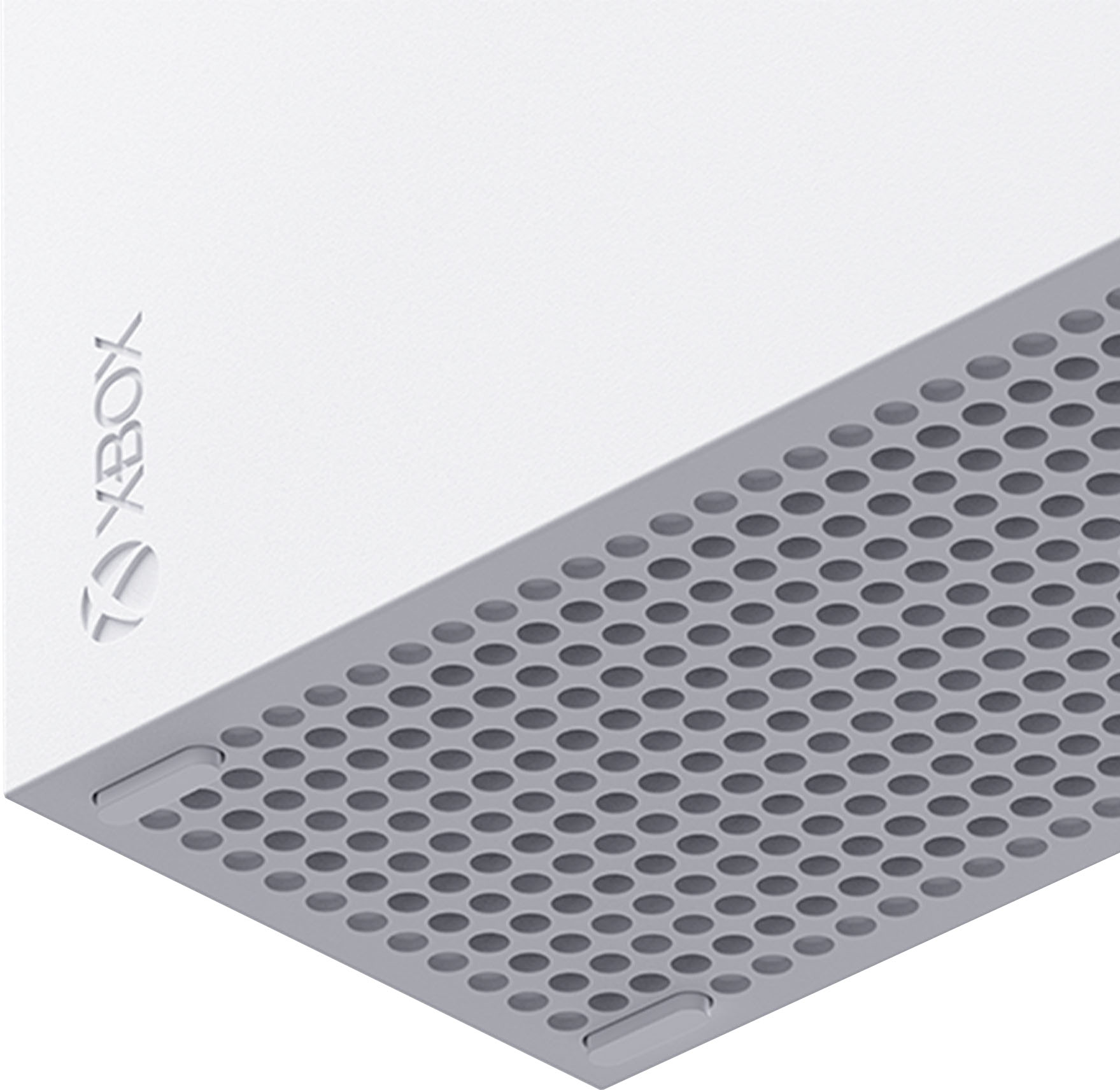Console Xbox Series S blanche, gros plan, montrant le dessus et le côté. Trous d'aération et logo visibles.