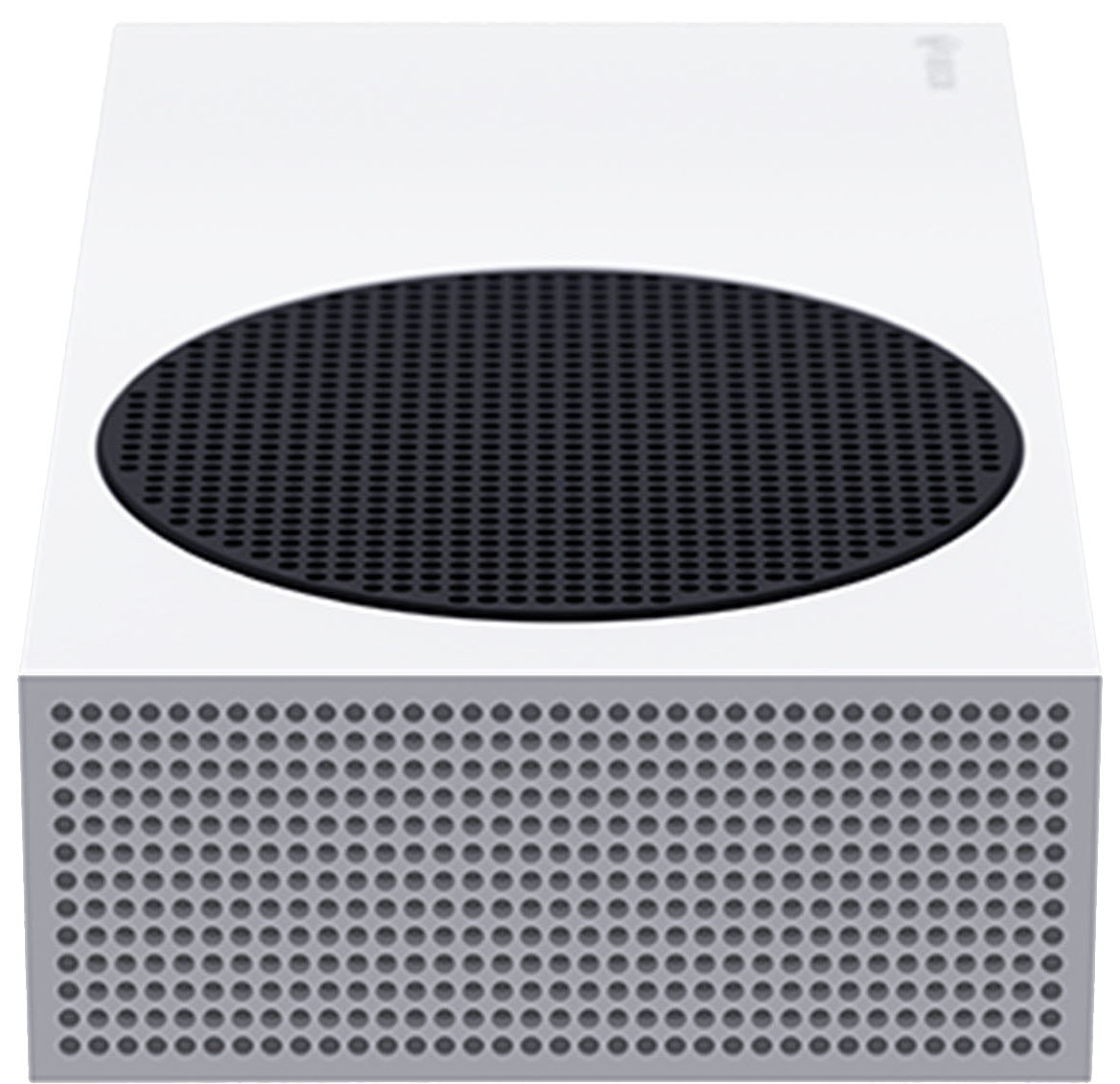Une console Xbox Series S blanche avec une ventilation circulaire noire sur le dessus et une façade perforée.