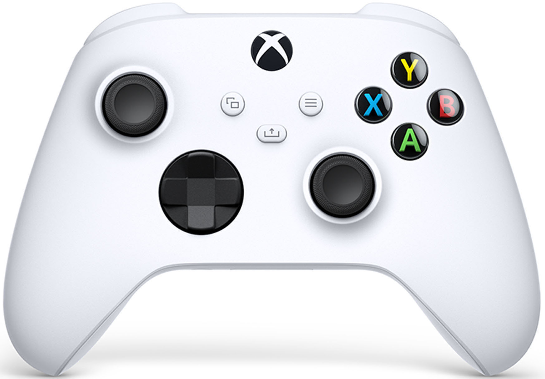 Manette Xbox blanche avec joysticks noirs, boutons YXBA et croix directionnelle. Le logo Xbox est en haut.