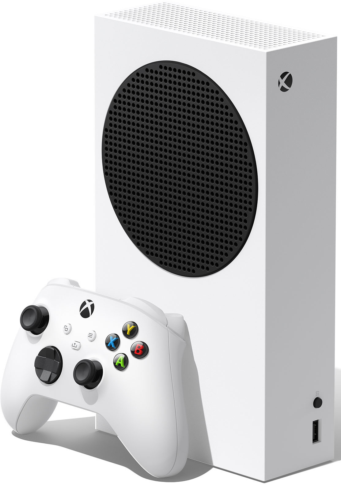 Console Xbox Series S blanche et manette. La console est verticale; la manette est devant.