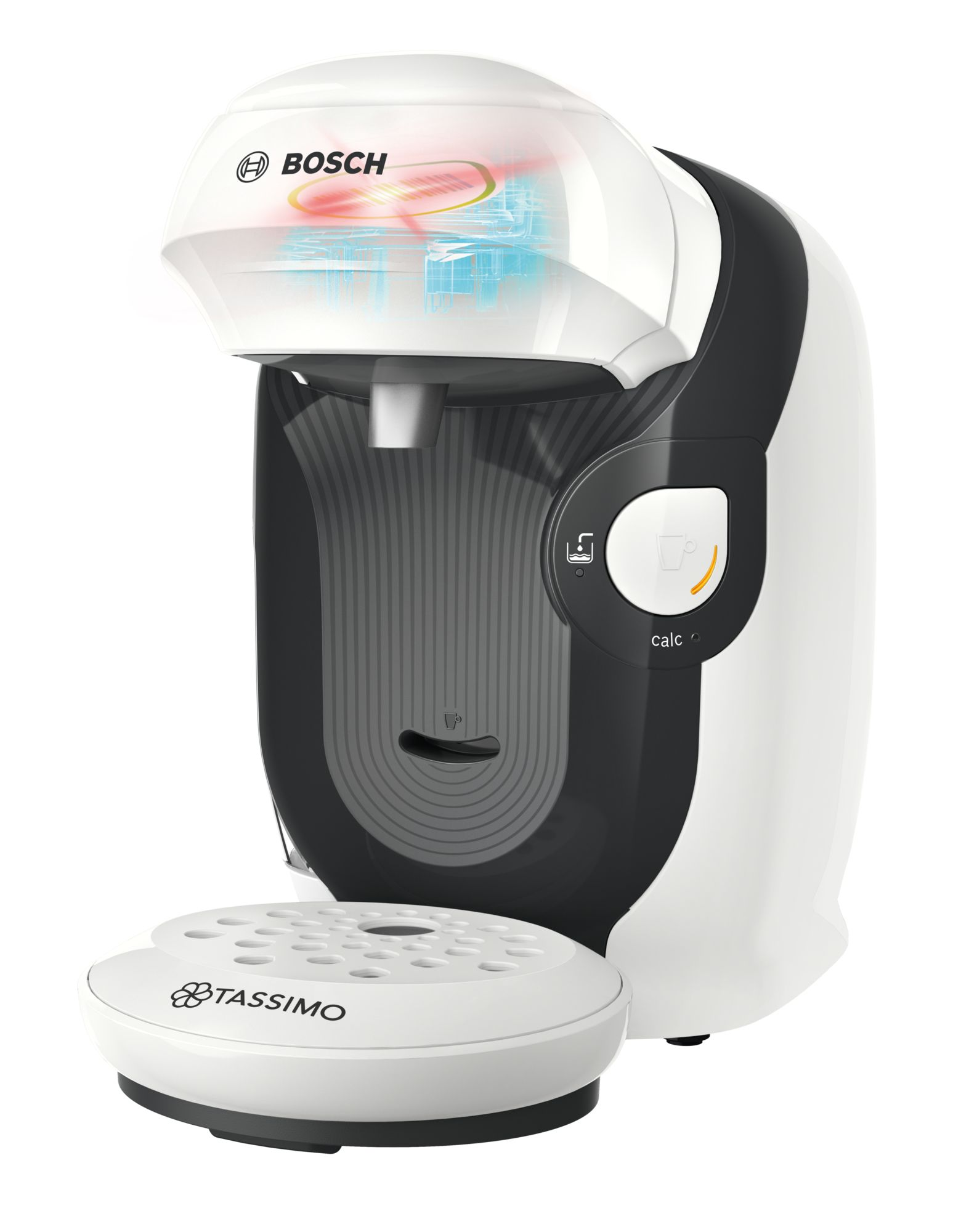 Weiß-schwarze Bosch Tassimo Kaffeemaschine. Weiß, Lichteffekt oben.