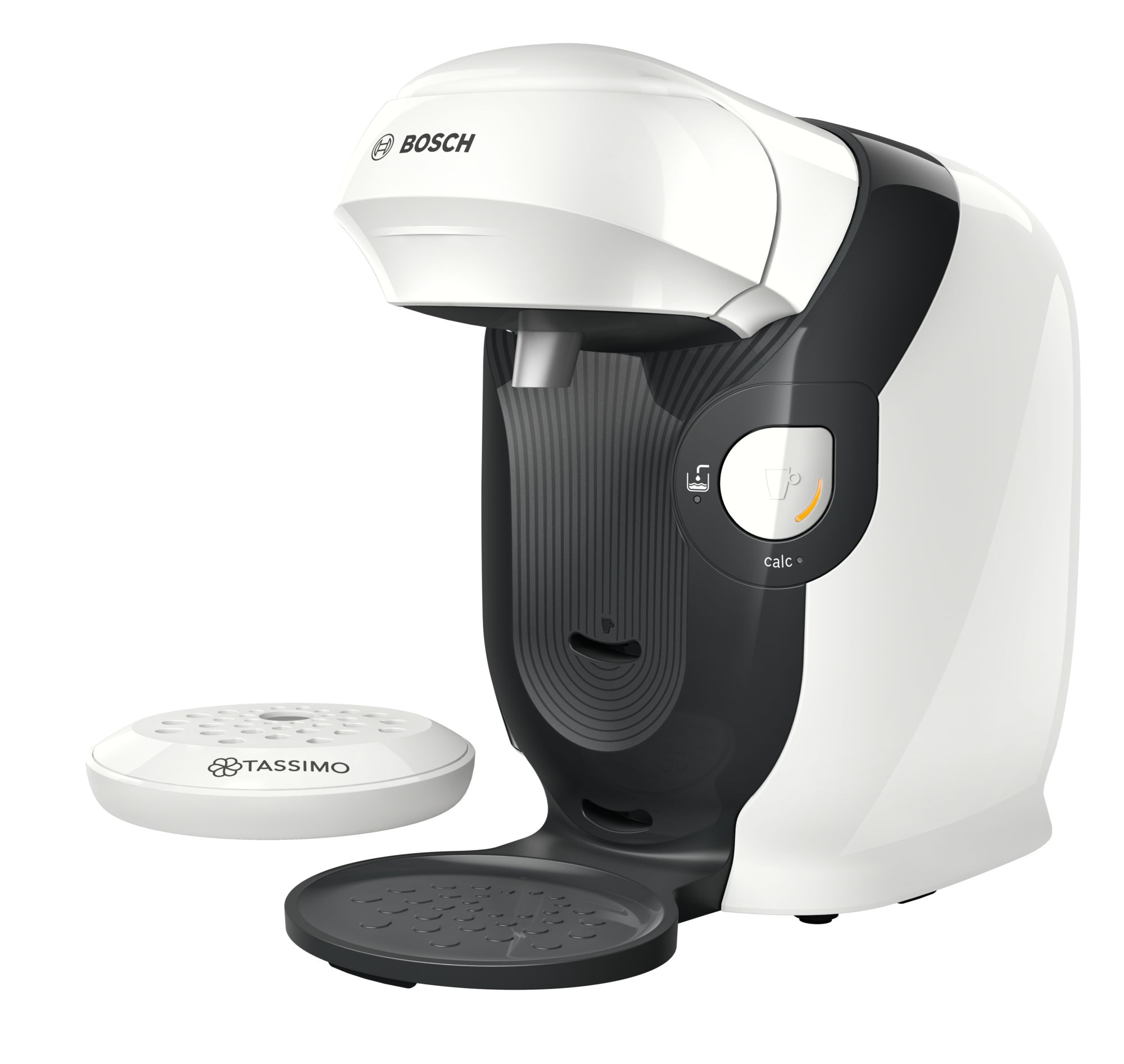 Weiß-schwarze Bosch Tassimo Kaffeemaschine mit Wassertank und Pod-Halterung.
