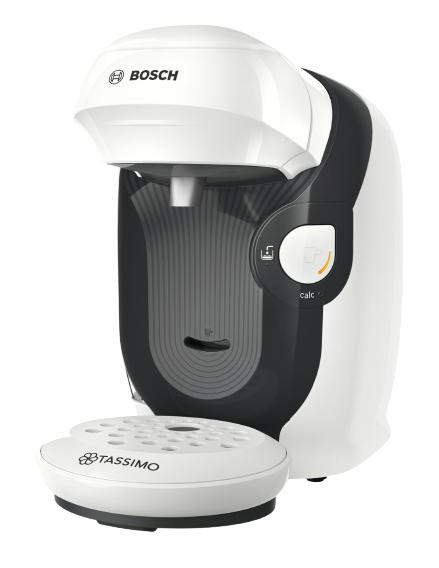 Weiß-schwarze Bosch Tassimo Kaffeemaschine mit weißem, rundem Becherfuß.