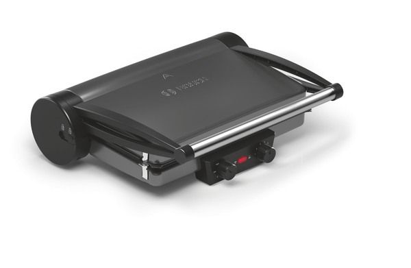 Schwarzer Bosch Panini-Grill. Er ist zusammengeklappt.