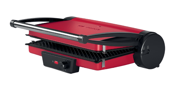 Roter elektrischer Kontaktgrill, geöffnet. Schwarzer Griff und Bedienfeld sichtbar.