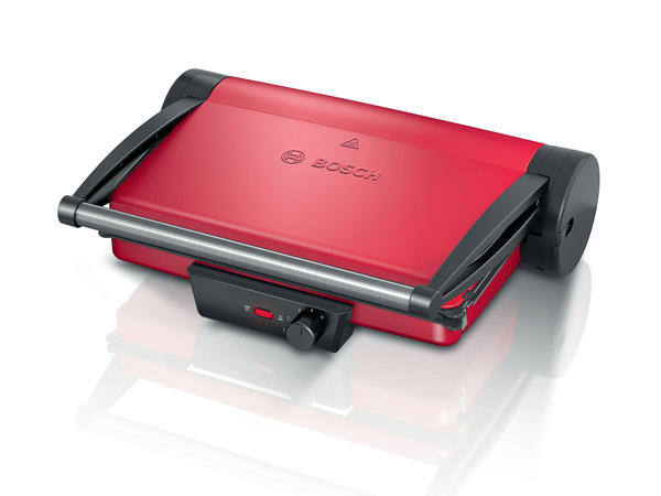 Roter Bosch Panini-Grill. Er ist zusammengeklappt.