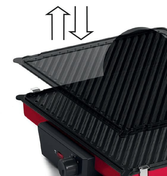 Ein rot-schwarzer Grill, mit teilweise geöffnetem Deckel und Bewegungspfeilen.