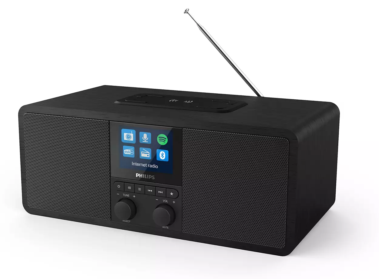 Een zwarte Philips internetradio met een display, knoppen en twee knoppen. Het heeft een kleine antenne.