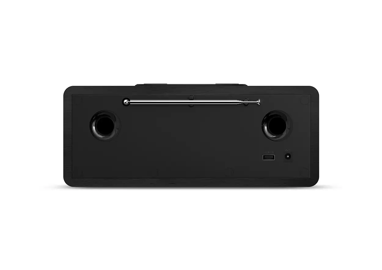Zwarte stereo-installatie. Het heeft twee luidsprekers en een radio-antenne. De achterkant heeft een USB-poort en andere ingangen.