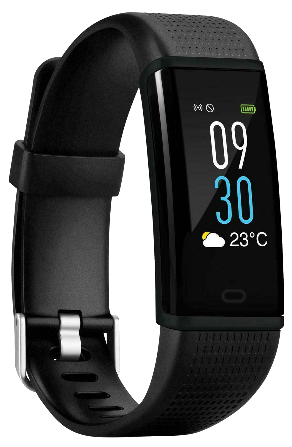 Fekete fitneszkövető. Van rajta egy képernyő, amely az időt, az akkumulátort és az időjárást mutatja. Fekete szíj.