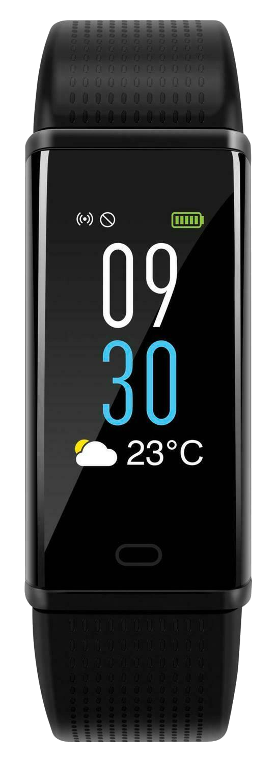 Fekete okosóra, amely az időt, a hőmérsékletet és az akkumulátor állapotát mutatja.