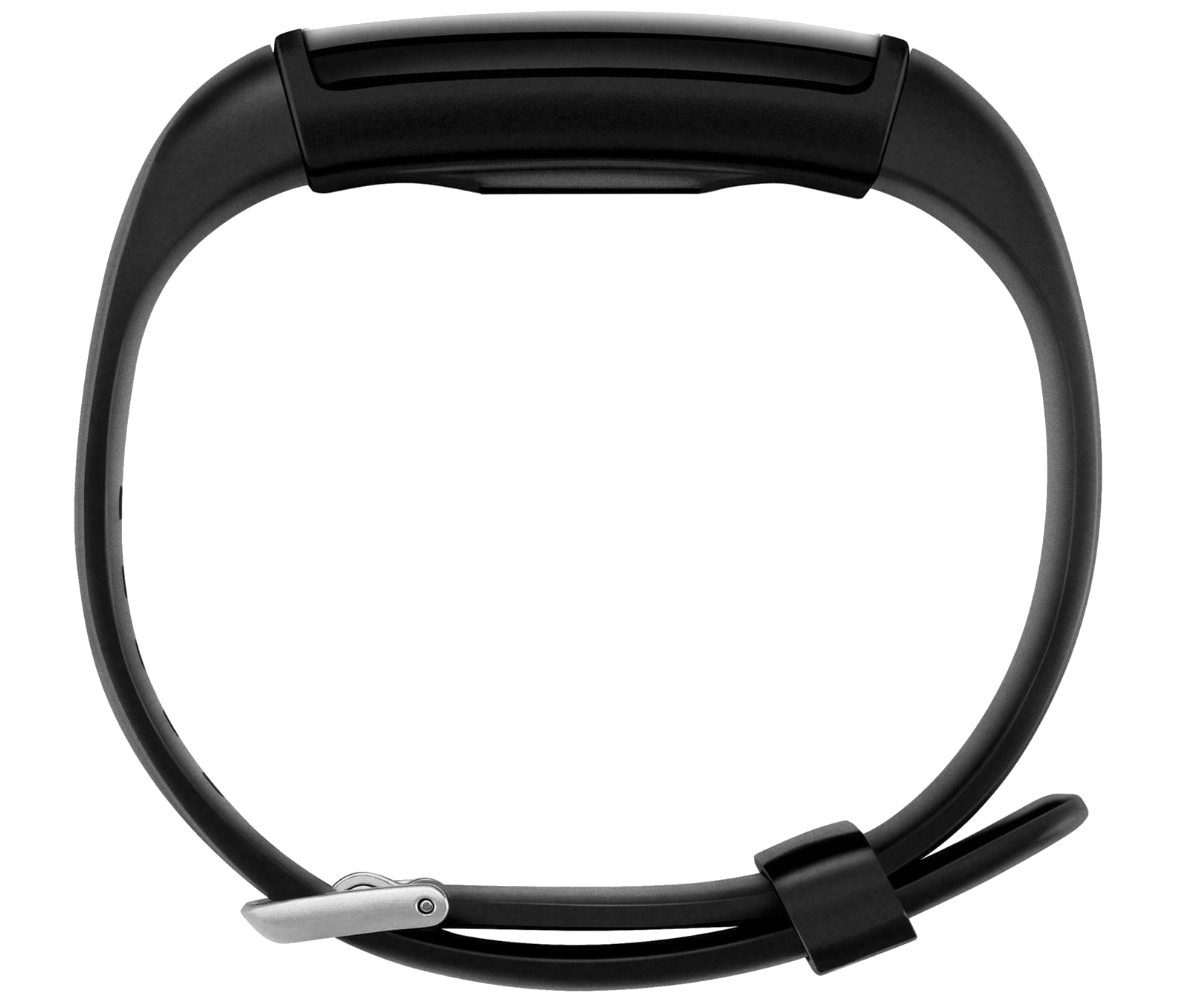 Egy fekete fitneszkövető karkötő csattal.