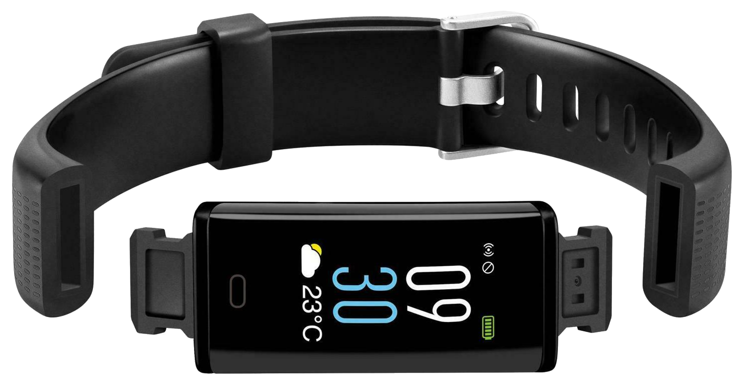 Egy fekete fitneszkövető óra, amelyen idő, dátum és időjárás látható.