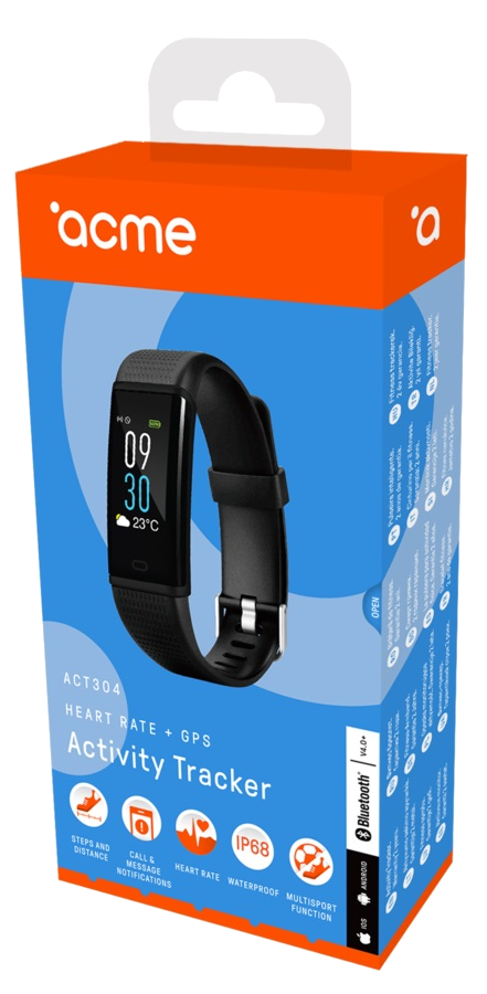 Fekete fitneszkövető narancs-fehér dobozban. Időt, dátumot és aktivitási adatokat jelenít meg.