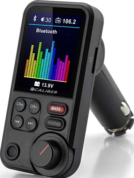Trasmettitore FM Bluetooth nero con schermo che mostra musica e batteria da 13,9 V.