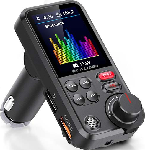 Trasmettitore FM Bluetooth per auto nero con schermo che mostra spettro audio, pulsanti e quadrante.