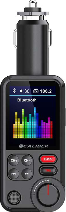 Trasmettitore FM Bluetooth per auto nero con schermo che mostra spettro audio e pulsanti.