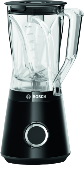 Schwarzer Bosch-Mixer mit einem durchsichtigen Kunststoffbehälter auf weißer Oberfläche.