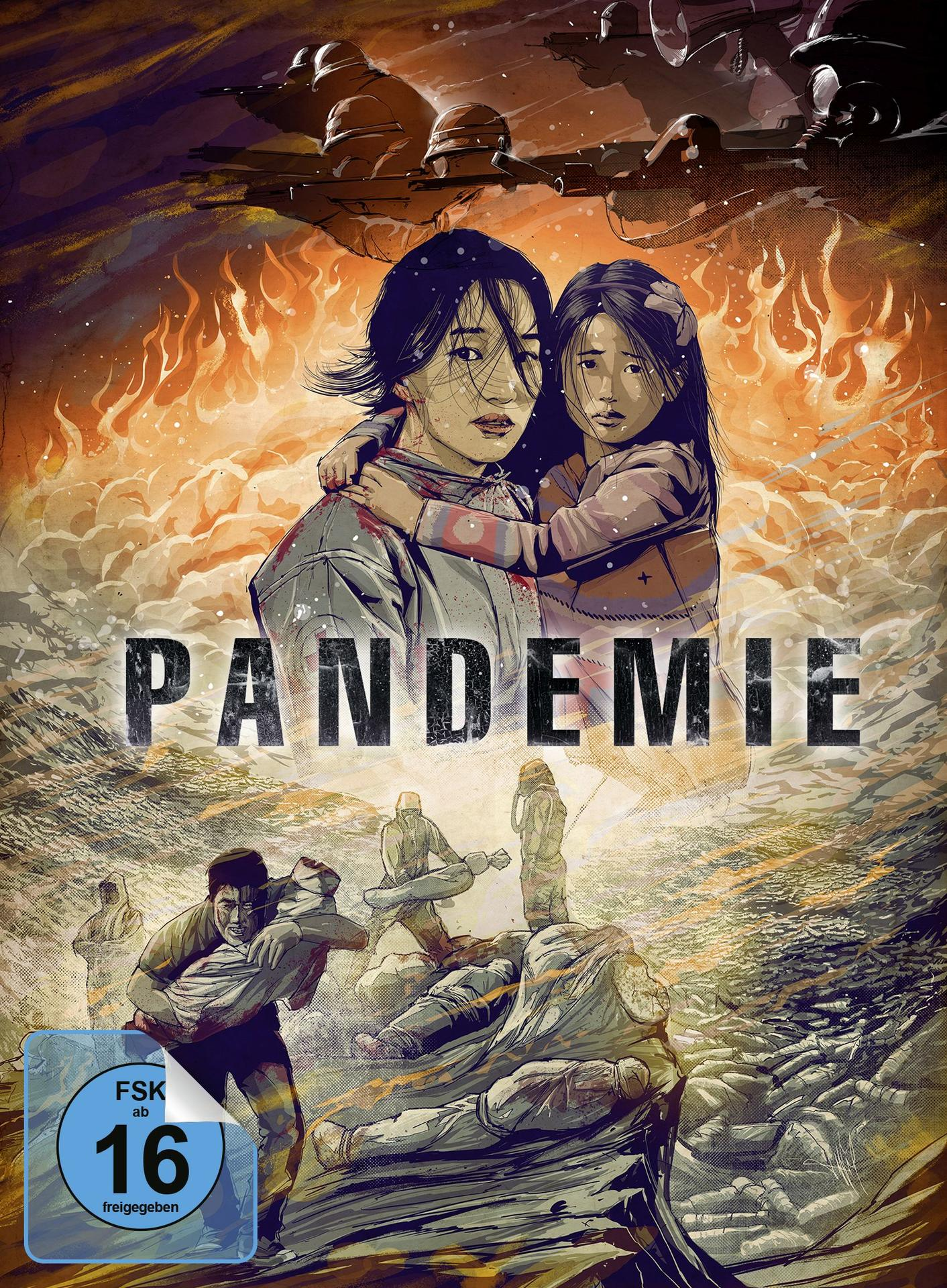 Filmplakat 'Pandemie' mit zwei Frauen und Kind, Feuer im Hintergrund. Filmlogo und Bewertung.