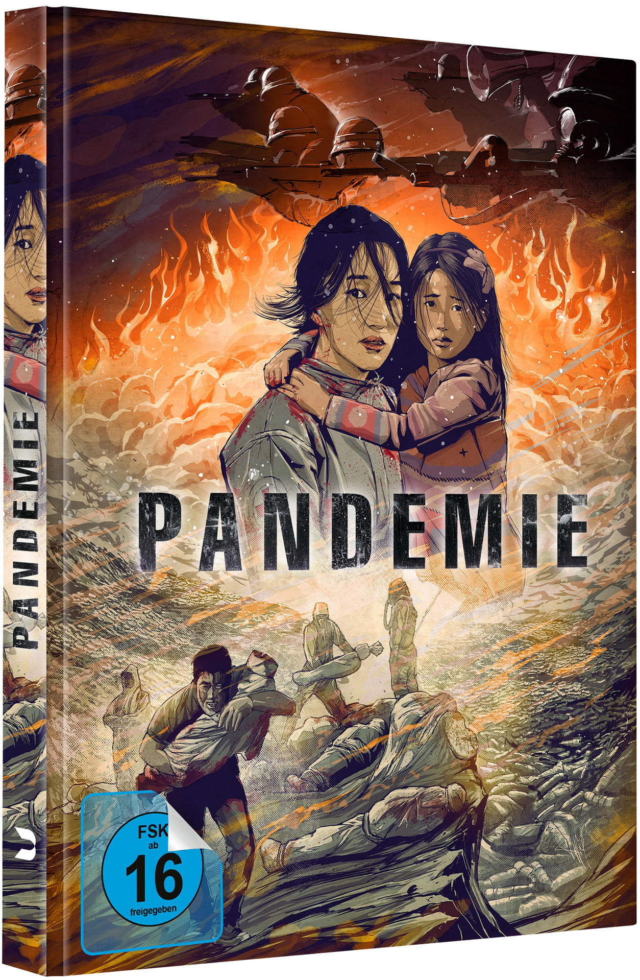 Eine DVD-Hülle mit einer Frau und einem Kind, dem Titel 'Pandemie' und Figuren in einer Kriegsumgebung.