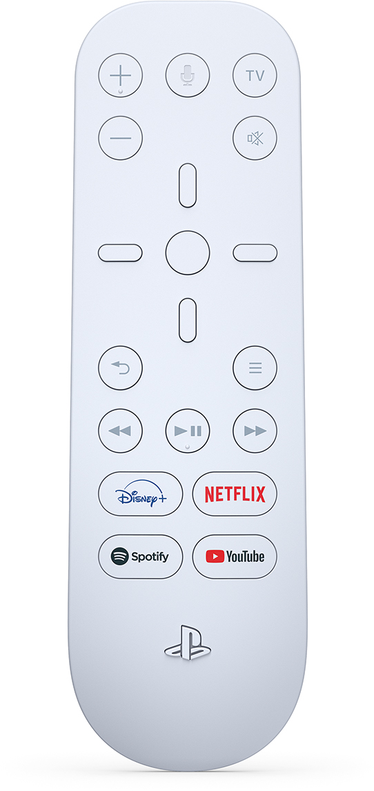Fehér PS5 távirányító gombokkal. Disney+, Netflix, Spotify és YouTube gombok.