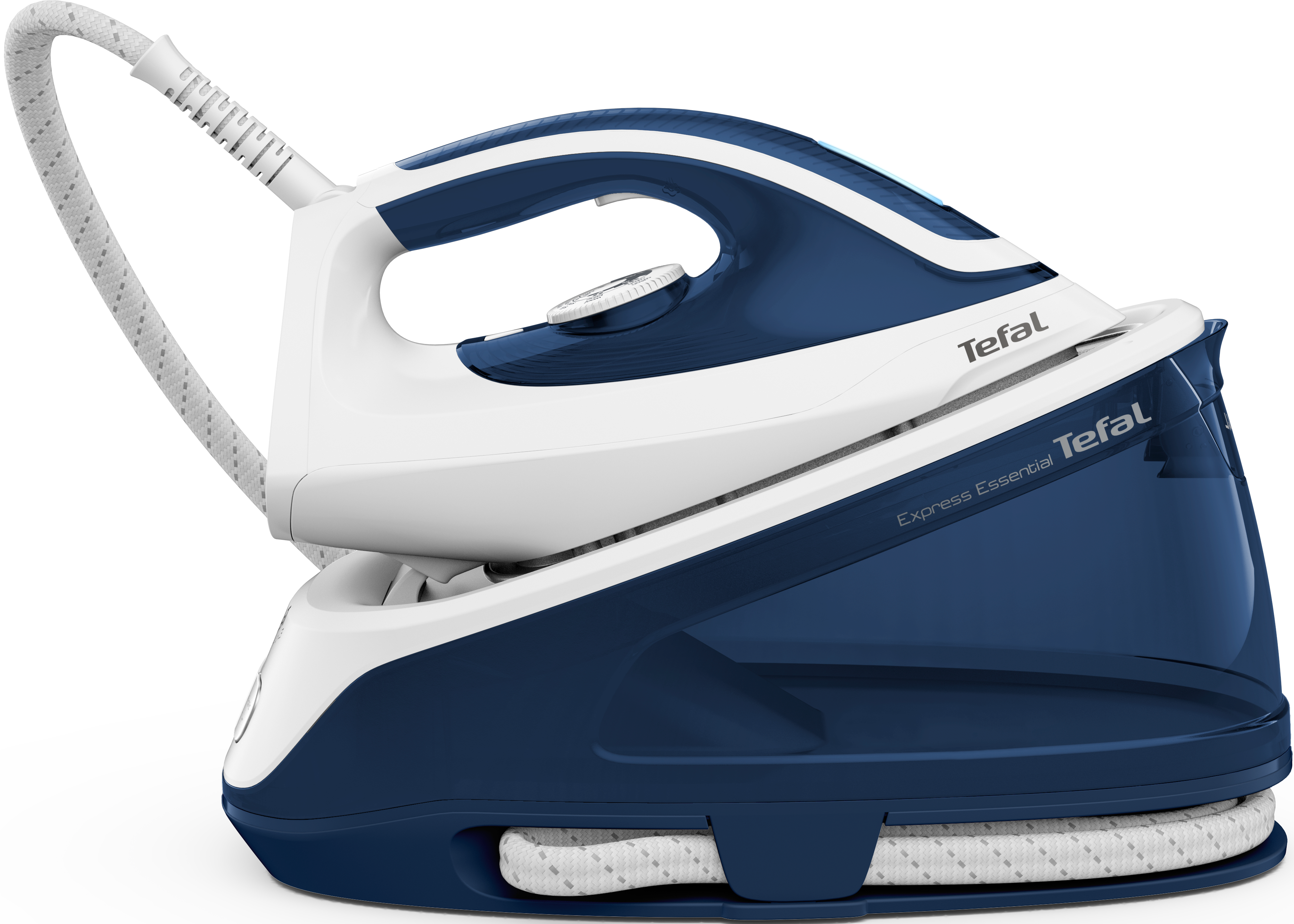 Ferro da stiro Tefal Express Essential, bianco e blu, con serbatoio dell'acqua e cavo vapore. Il ferro è su una superficie bianca.