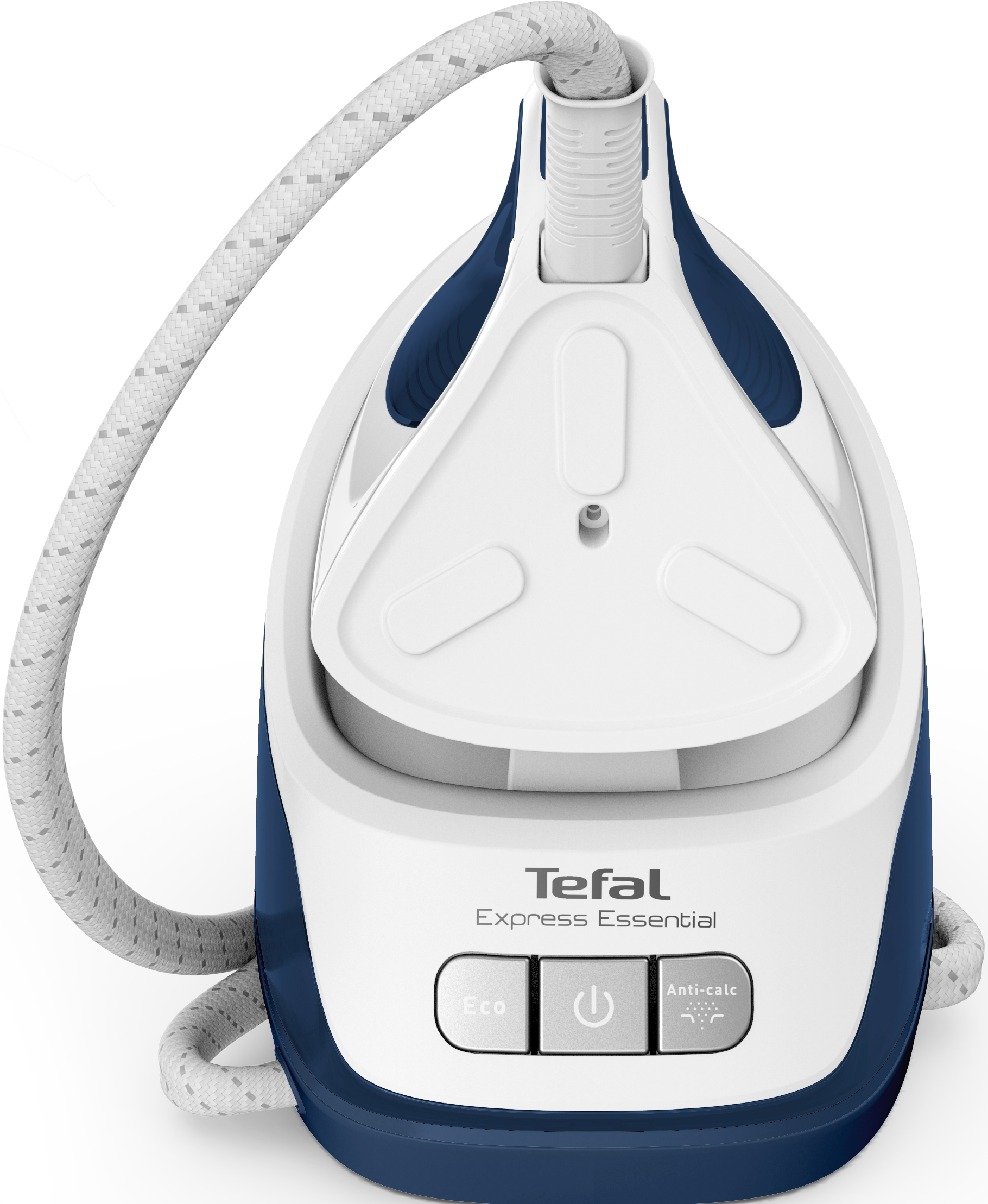 Ferro da stiro a vapore Tefal bianco e blu con cavo di alimentazione bianco, pulsanti Eco e Anti-calc.