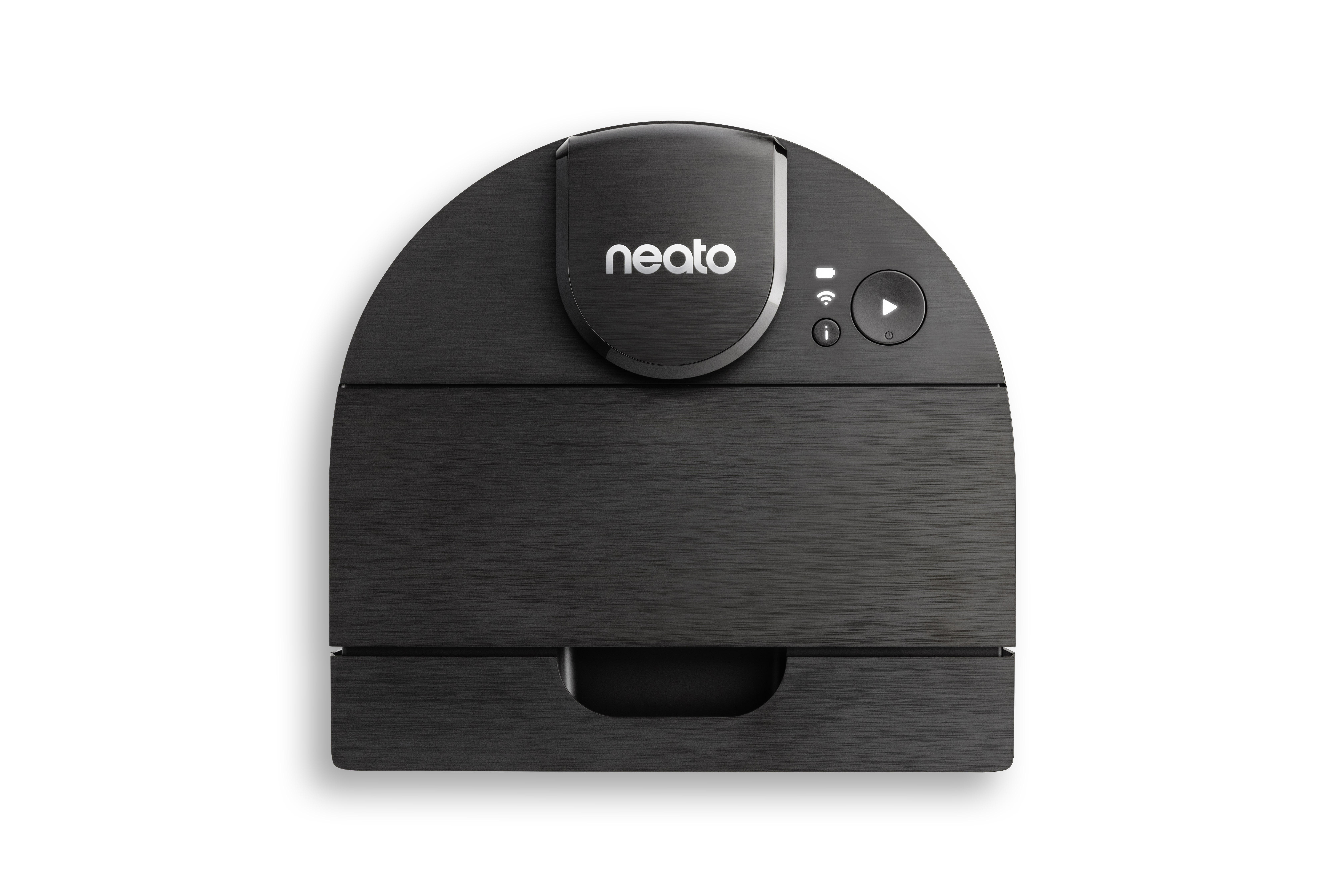 Schwarzer Neato Roboter-Staubsauger auf weißem Hintergrund.