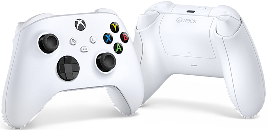 Deux manettes Xbox blanches côte à côte. L'une fait face aux boutons ; l'autre montre l'arrière.